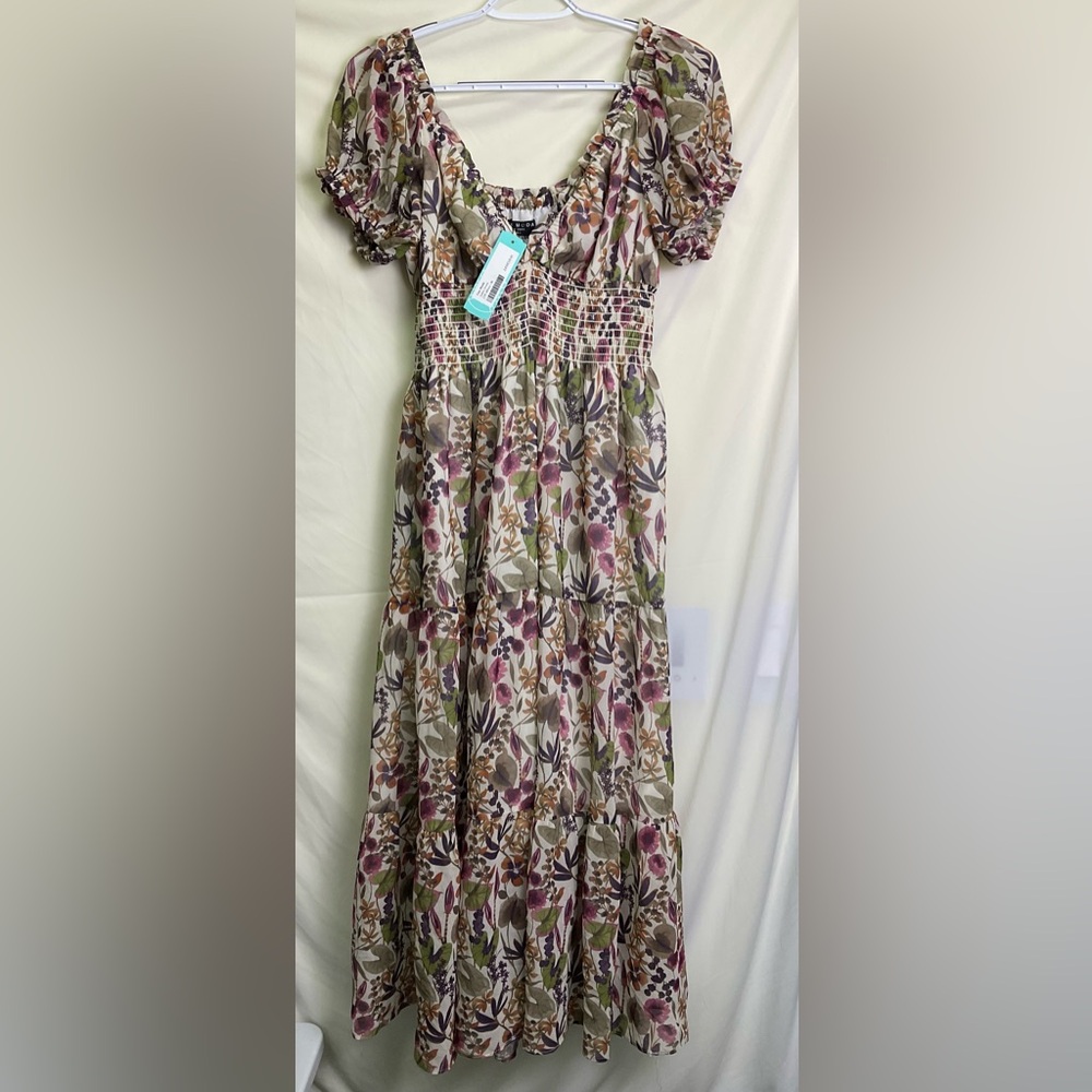 Juliet Dress - Smocked Waist Floral Midi Dress in Cream